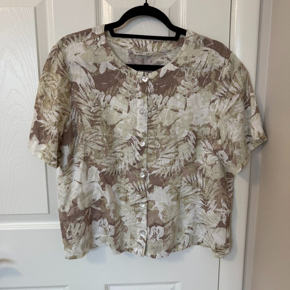 Orvis 100% Linen Women's Button-Up Short Sleeve Top Medium Tropical Floral‎ Tan